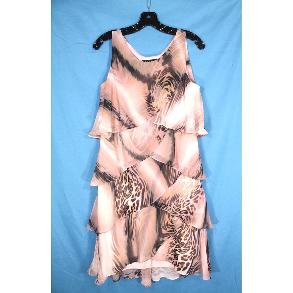 S.L. FASHIONS Lined CHIFFON Layered Ruffles SLEEVELESS Animal Print DRESS Sz 10